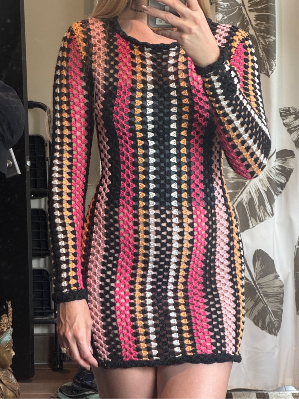 BDG Multicolor Crochet Mini Dress in Pink, Black & Cream